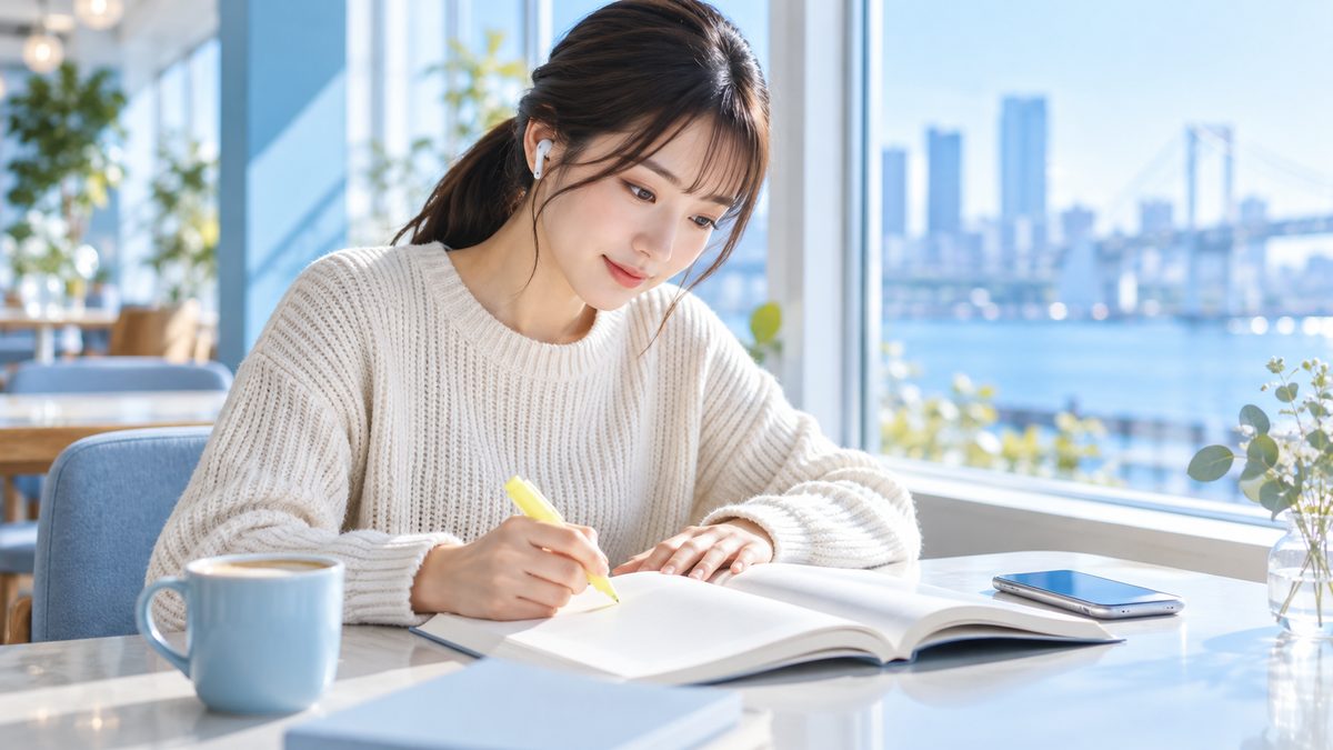 VERSANT専用の参考書をイヤホンで音声を聞きながら学習する20代の日本人女性