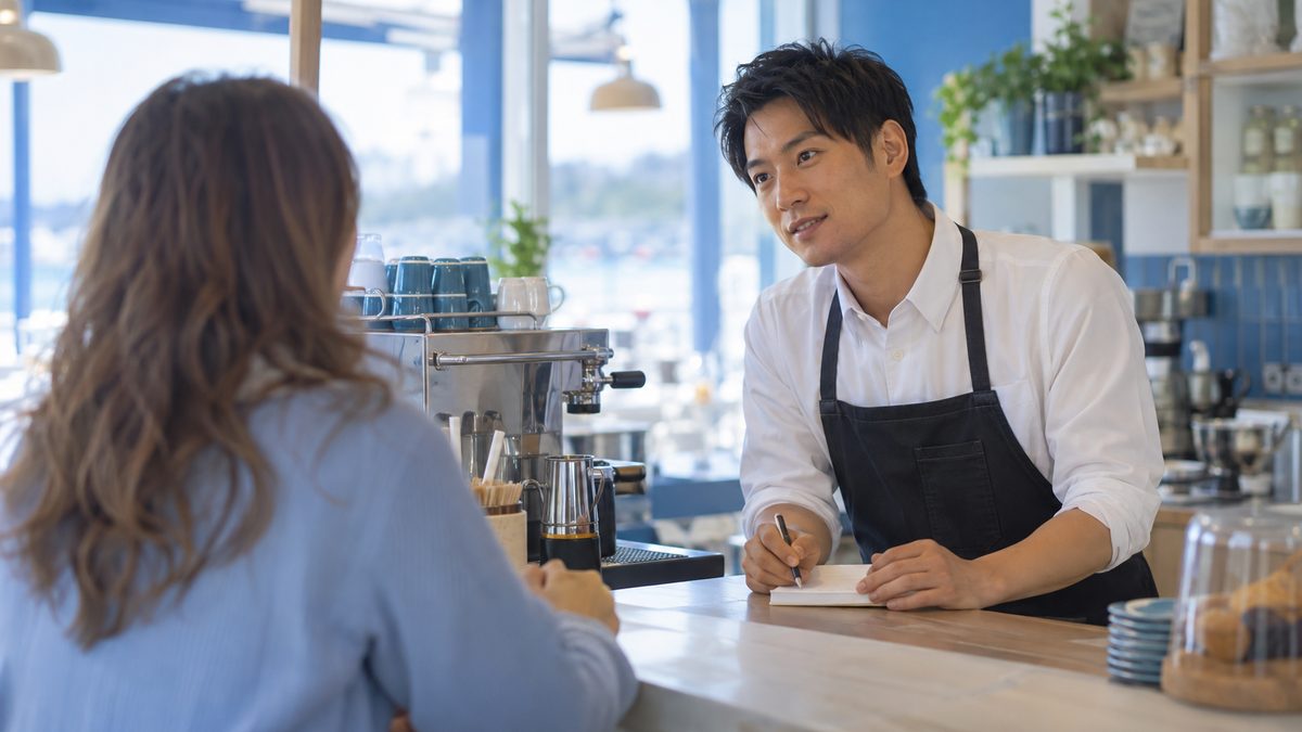 ワーホリ先のカフェでお客様の英語の注文を真剣に聞き取る日本人男性スタッフ
