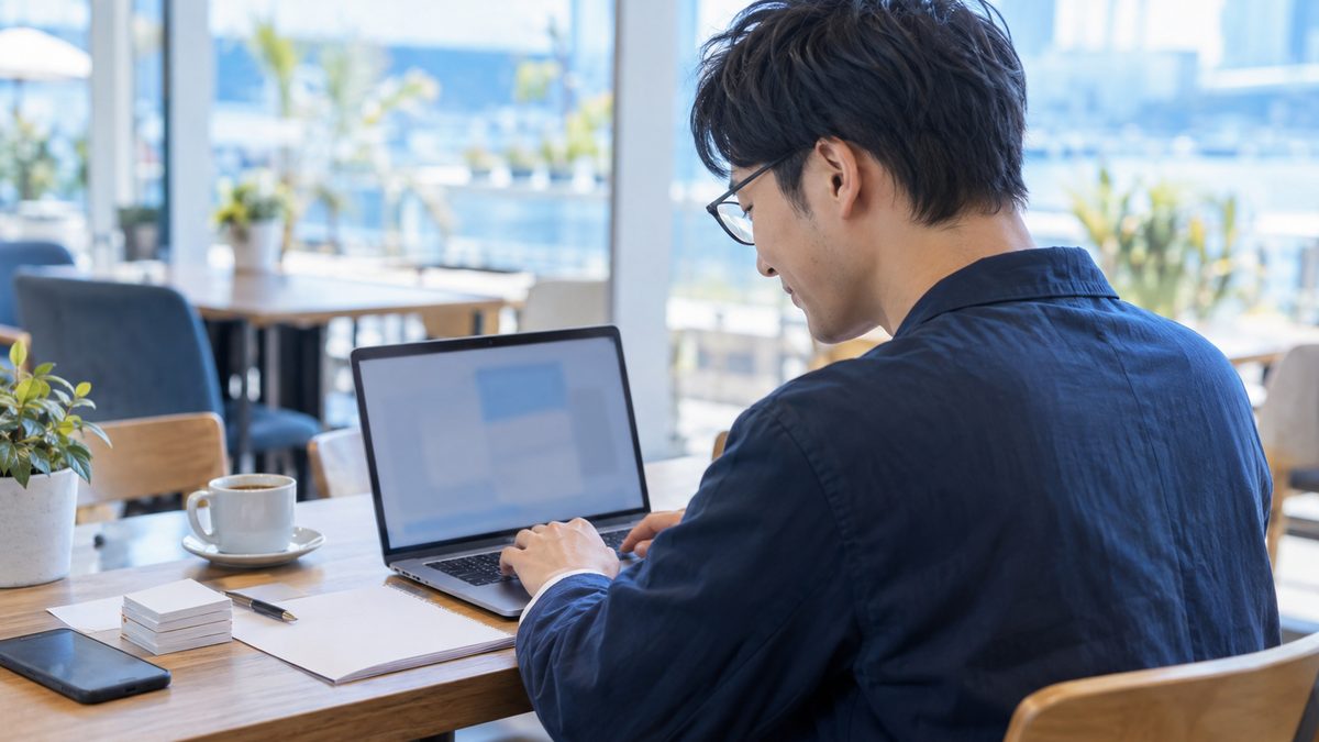 ワーホリの仕事探しに備えて、カフェでノートパソコンを使い英文の履歴書を準備する日本人男性