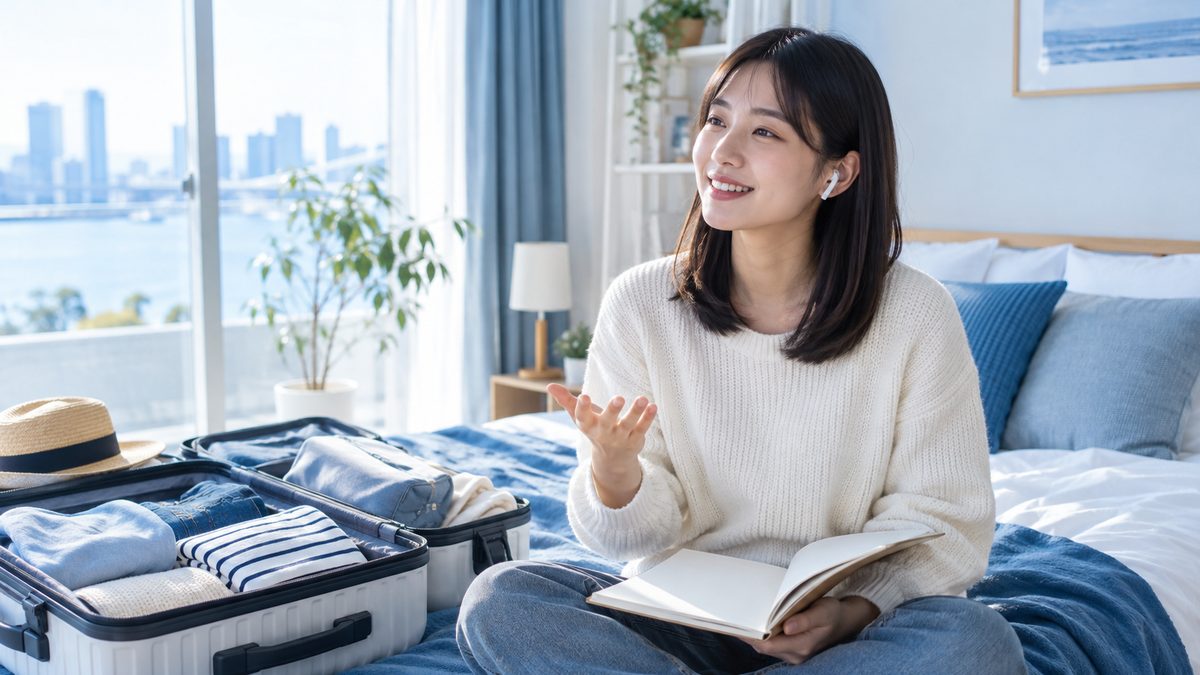 ワーホリの英語準備として、荷造り途中のスーツケースの横でイヤホンをつけて英語を練習する日本人女性