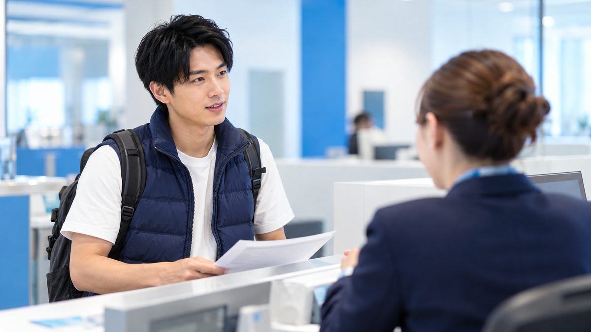 ワーホリ先の銀行窓口で、係員と英語でやりとりして手続きを進める日本人男性