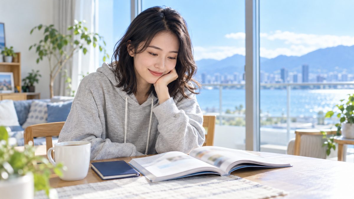 ワーホリに必要な英語力を考えながら、パスポートの横で英語の問題集を開く日本人女性