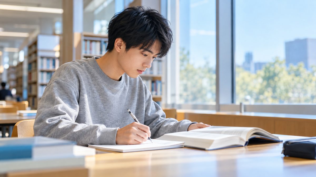 英語力ゼロに近い状態からワーホリに備え、図書館で中学英語の文法を見直してノートに例文を書く日本人の男子大学生