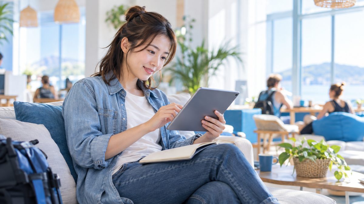 ワーホリで働きたい仕事を考え、ホステルのラウンジでタブレットの求人情報を見比べる日本人女性