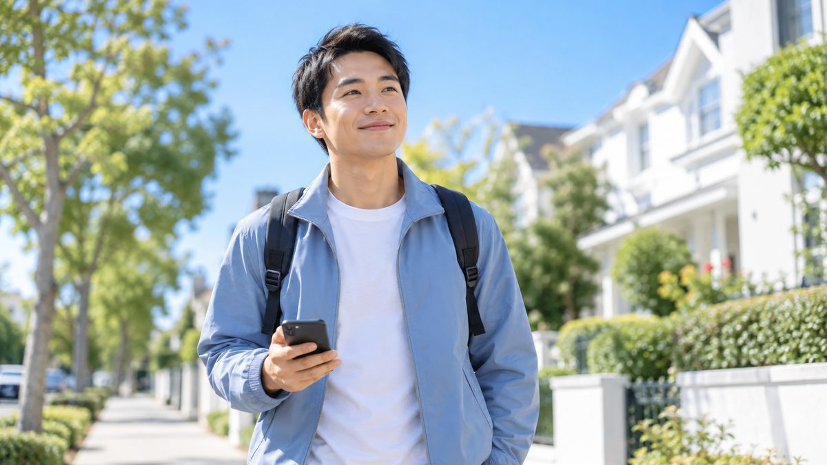 出発前に英語力の準備を重ね、ワーホリ先の晴れた街角で自信のある笑顔で歩き出す日本人男性
