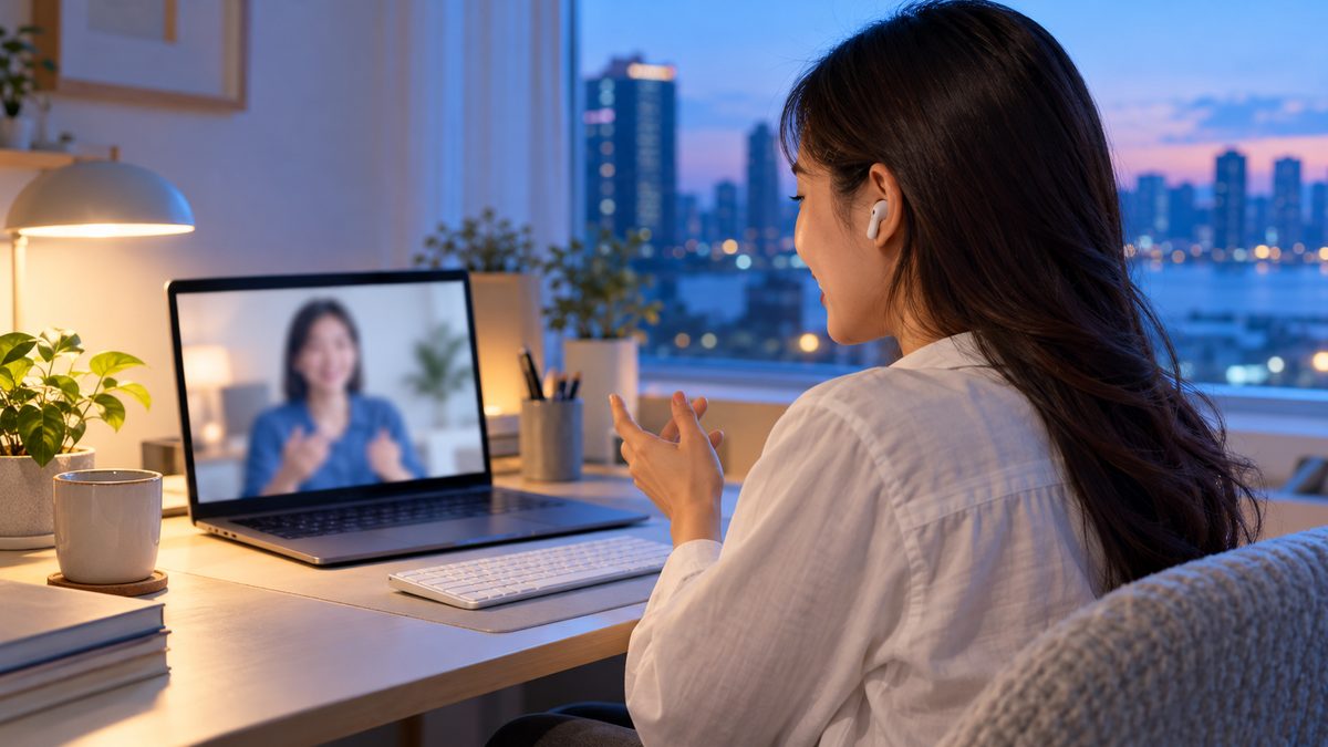 ワーホリの英語準備として、夜の自宅で担任講師とオンラインでロールプレイ練習をする日本人女性