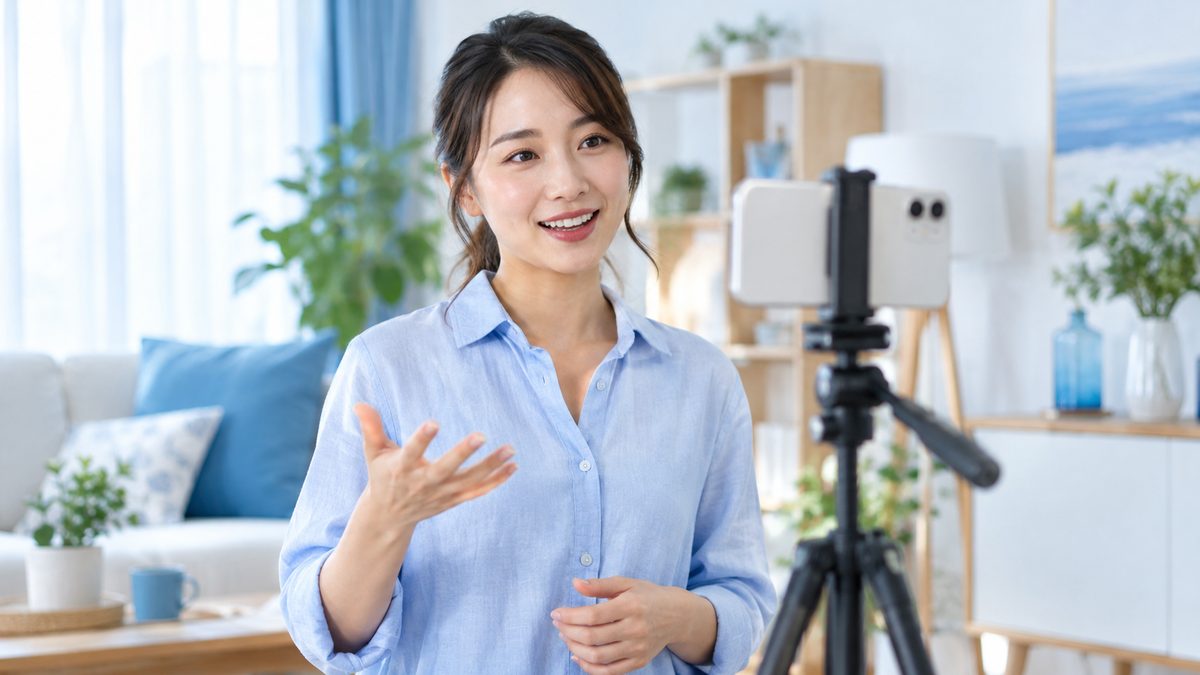 ワーホリの面接に向けて、日本での仕事経験を英語で話す練習をスマホで録画する日本人女性