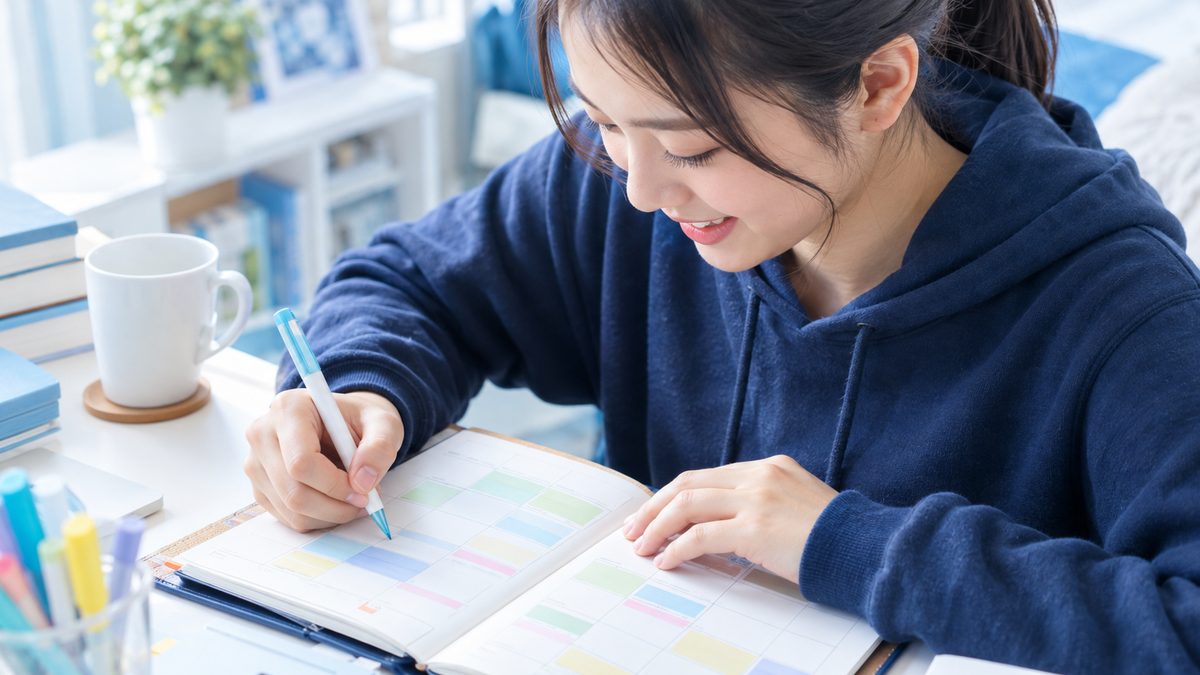 ワーホリの英語準備をいつから始めるか、手帳のカレンダーに出発までの予定を書き込む日本人の女子大学生