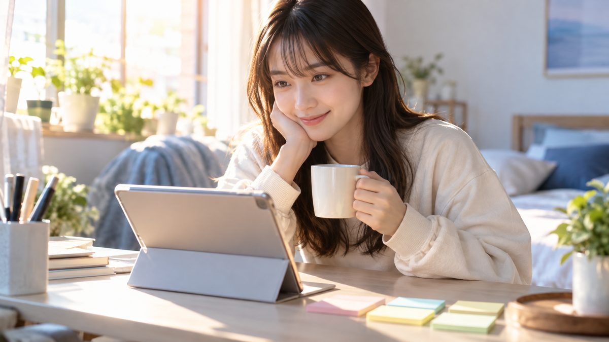 ワーホリの英語準備スケジュールに沿って、朝の学習時間にタブレットで進み具合を確認する日本人女性